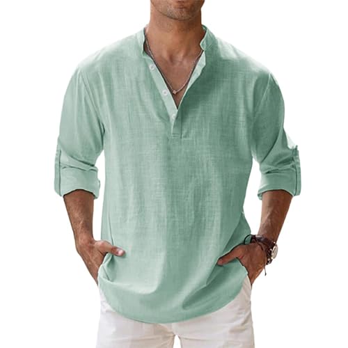 Hemd Herren Langarm Henley Sommerhemd Herren Freizeithemd Leinenhemd Regular Fit Men Shirts (Green,XL) VD194 von VDDTAGAM