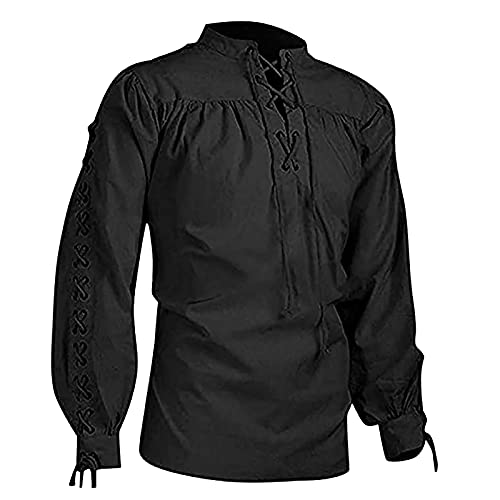 Henley Shirt Herren Kurzarm Wikinger Tunika Herren Gothic Kostüm Herren Renaissance Kostüm Herren Leinenhemd Herren Langarm Leinenhemd Vampir Kostüm Herren Halloween Kostüm He(Black,4XL) von VDDTAGAM