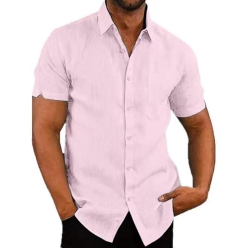 Henley Shirt Herren Langarm Sommerhemd Hemd Schwarz Leinenhemd Herren Kurzarm Hemd Herren Kurzarm Leinen Leinenhemd Herren Slim Fit Leichtes Leinenhemd In Weiss Stehkragenhemd(Pink,S) von VDDTAGAM
