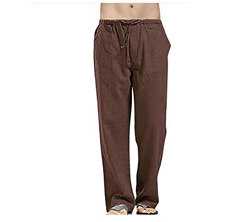 Herren Leinenhose Einfarbiges Lang Leicht Sommerhose Loose Fit Freizeithose für Urlaub Strand Alltag(Brown,4XL) VDD176 von VDDTAGAM