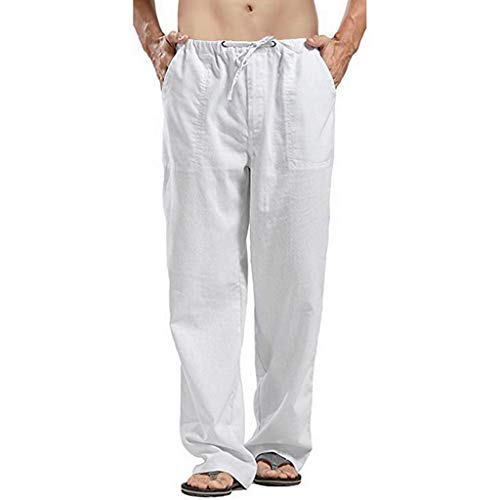 Herren Leinenhose Lang Loose Fit Sommerhose Leicht Freizeithose Urlaub Strandhose Yoga Hose Haremshose Hippie Lange Hosen(White,XL) VDD132 von VDDTAGAM