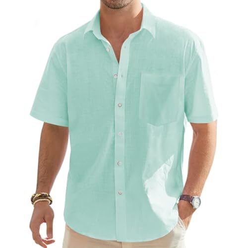 Leichtes Sommerhemd Freizeithemden Für Herren Leinenanzug Herren Sommer Kurzarmhemden Herren Leinenhemd Herren Slim Fit Hemd Schwarz Leichtes Sommerhemd Summer Shirt Men Leine(Mint Green,3XL) von VDDTAGAM