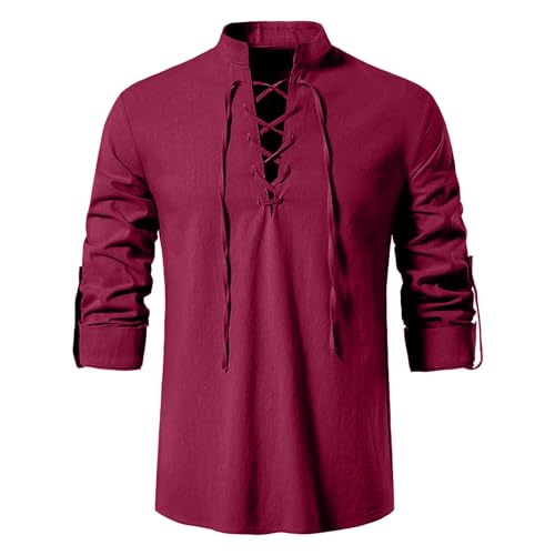 Leinenhemd Herren Gothic Kleidung Herren Vampir Hemd Steampunk Herren Mittelalter Hemd Herren Mittelalter Kleidung Damen Steampunk Kostüm Herren Shirts Herren Sommer Piratenhu(Wine,L) von VDDTAGAM