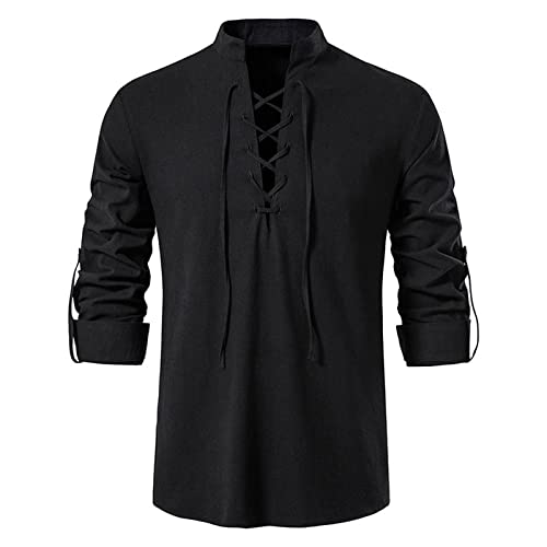 Leinenhemd Herren Langarm Vikings Kostüm Herren Leinenhemd Herren Langarm Pirat Kostüm Herren Leinenhemd Herren Langarm Kostüm Herren Hemd Herren Vikings Shirts Herren Sommer (Black,XL) von VDDTAGAM