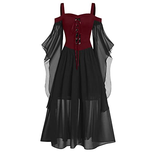 VDDTAGAM Damen Halloween Kostüm Gothic Kleid Damen Wikinger Kostüm Damen Hexen Kostüm Damen Hexenkostüm Damen Maleficent Kostüm Damen Kostüm Hexe Damen Vampir Kostüm Halloween Costume (Red,4XL) von VDDTAGAM