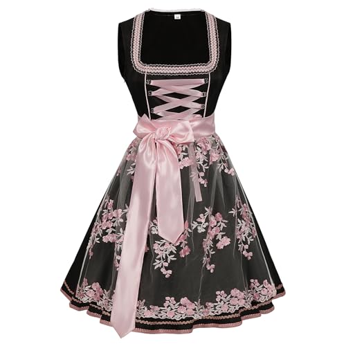 VDDTAGAM Dirndl Damen Midi Lang Dirndl Trachtenkleid Damen Dirndlkleid mit Spitze Trachtenmode inkl Dirndlbluse Dirndlschürze 3 teilig für Oktoberfest Karneval Besondere Anlässe (Black,XXL) von VDDTAGAM