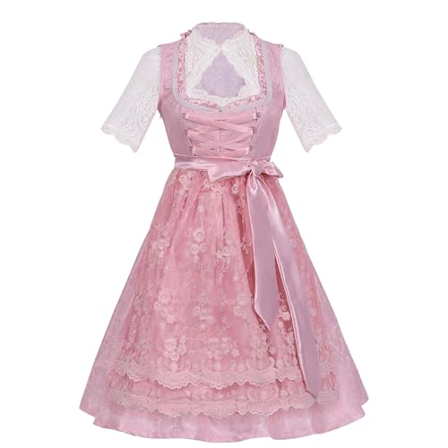 VDDTAGAM Dirndl Damen Midi Lang Dirndl Trachtenkleid Damen Dirndlkleid mit Spitze Trachtenmode inkl Dirndlbluse Dirndlschürze 3 teilig für Oktoberfest Karneval Besondere Anlässe (Pink,S) von VDDTAGAM