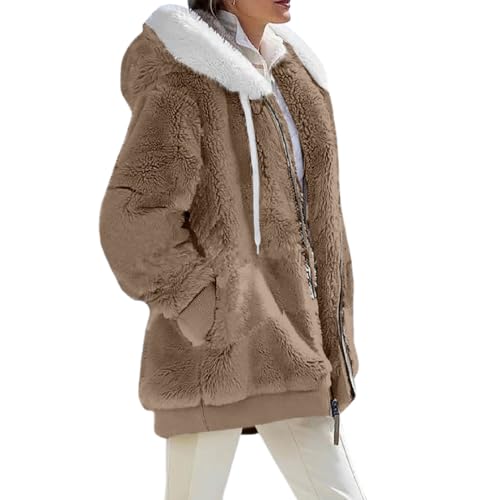 VDDTAGAM Flanell Jacke Damen Teddyfell Jacke Damen Hemdjacke Damen Gefüttert Fellweste Damen Hoodie Kleid Damen Women Winter Jacket Womens Jacket Wolljacke Damen Winter Jacken Damen Fr(Khaki,5XL) von VDDTAGAM