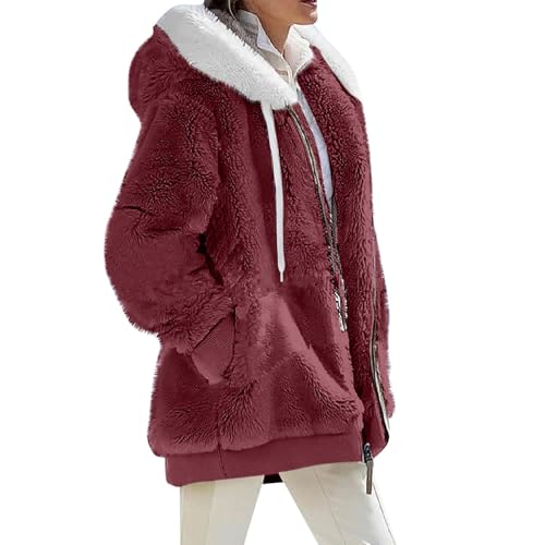 VDDTAGAM Herbst Mantel Damen Winterjacke Damen Warm Damen Hoodie Mit Kapuze Flauschige Jacke Damen Teddyjacke Damen Herbstmantel Damen Winter Jacken Für Damen Teddy Jacke Wolljacke Dam(Wine,L) von VDDTAGAM