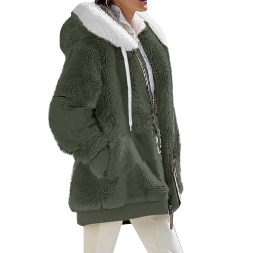 VDDTAGAM Jacke Herbst Damen Plüschmantel Damen Fleecepullover Damen Fleece Pullover Für Damen Strickjacke Mit Kapuze Damen Teddy Mantel Damen Jacken Damen Damen Kapuzenpullover Kapuzen(Army Green,L) von VDDTAGAM