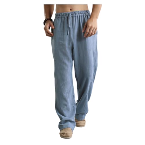 VDDTAGAM Leinenhose Herren Kurz Freizeithose Sommer Hose Herren Herren Leinenhose Leinenhose Herren Sommer Pants Herren Jogginghose Dünner Stoff Herren Leinenhose Herren Sommer Kariert(Light Blue,M) von VDDTAGAM