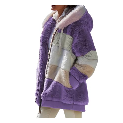 VDDTAGAM Plüschmantel Damen Damen Jacken Damen Mantel Winter Fleecemantel Damen Teddyfell Jacke Damen Hoody Damen Wintermantel Damen Lang Warmer Pullover Damen Winterkleidung Damen Fra(Purple,L) von VDDTAGAM