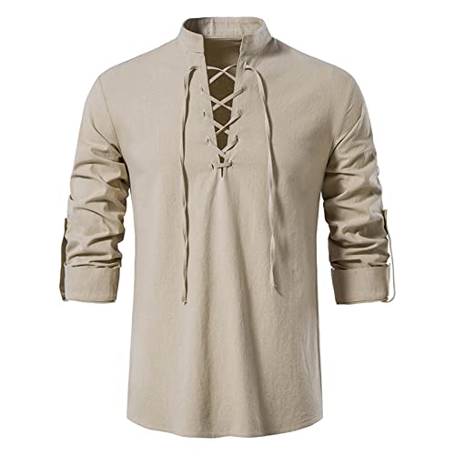 VDDTAGAM Steampunk Herren Vampir Kostüm Herren Leinen Hemden Herren Wikinger Halloween Costume Men Mittelalter Kleidung Damen Renaissance Kostüm Herren Wikinger Tunika Herren Halloween(Khaki,M) von VDDTAGAM