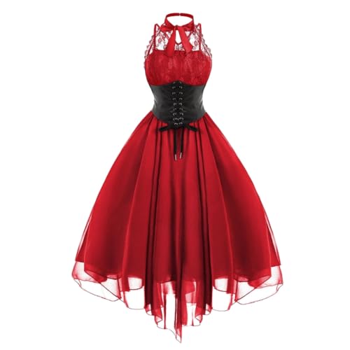VDDTAGAM Vampir Kleid Damen Halloween Kostüm XXL Cruella Devil Mittelalter Kleid Schwarz (Red,S) von VDDTAGAM