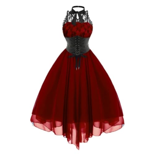 VDDTAGAM Vintage Kleider Damen Leinenkleid Abendkleid Damen Halloween-Kostüm Halloween Kostüm Vampir Goth Dress Vampir Kostüm Abendkleider Elegant Für Hochzeit Fledermaus Kostüm Damen (Wine,XXL) von VDDTAGAM