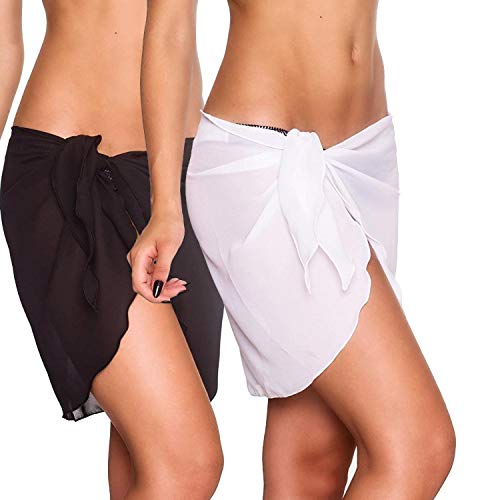 2 Stück Wickeltuch Strand Damen Strandkleid, Bikini Rock Sarong Chiffon Badeanzug Wrap Strandtuch Weiß Schwarz, Kurz Bikini Cover up mit extra Gürtel für Urlaub Sexy Strandkleider Tücher Wickelrock von VDSOW