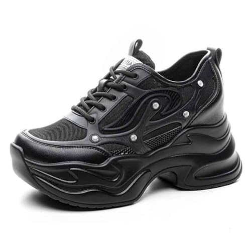 VEACAM Atmungsaktive Damen High Heels Schnürschuhe Mode Freizeit Turnschuhe Für Gehen Plattform Wedge Pumps,Schwarz,39 EU von VEACAM