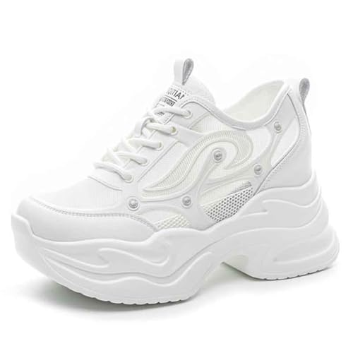 VEACAM Atmungsaktive Damen High Heels Schnürschuhe Mode Freizeit Turnschuhe Für Gehen Plattform Wedge Pumps,Weiß,38 EU von VEACAM