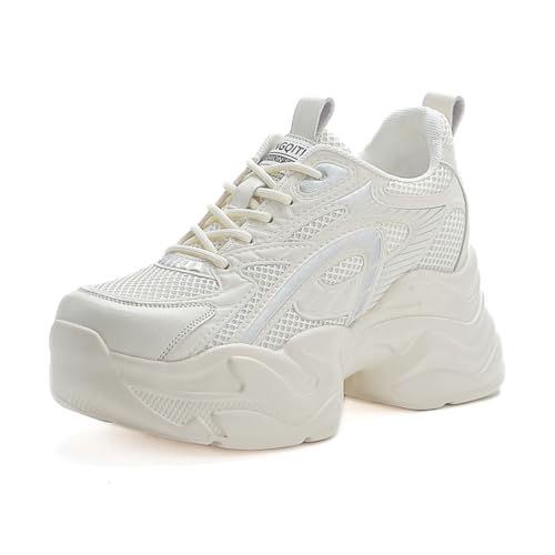 VEACAM Damen Hochhackige Keilplattform Sneakers Bequem Mode Schnürsenkel Freizeit Innenerhöhung Schuhe,Beige,34 EU von VEACAM