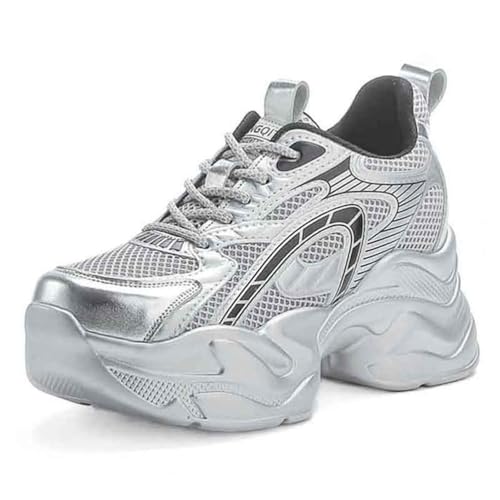 VEACAM Damen Hochhackige Keilplattform Sneakers Bequem Mode Schnürsenkel Freizeit Innenerhöhung Schuhe,Silber,39 EU von VEACAM