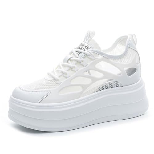 VEACAM Damen Innenerhöhung Mit Keilabsatz Schnürschuhe Mode Stiefeletten Komfort Versteckte Sneakers Mit Hohen Absätzen,Weiß,37 EU von VEACAM