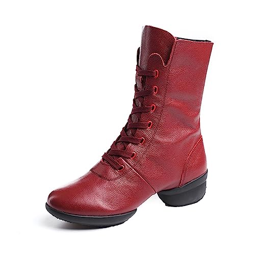 VEACAM Damen Jazz Stiefel, Tanzschuhe Für Damen Lace Up Mode Ballsaal Tanz Turnschuhe Mit Split Sohle,Rot,39 EU von VEACAM