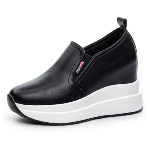 VEACAM Damen Leder Keil-Sportschuhe mit Fußgewölbestütze Outdoor erhöhte Freizeit-Wanderschuhe rutschfeste Slip-On-Turnschuhe,Schwarz,37 EU von VEACAM