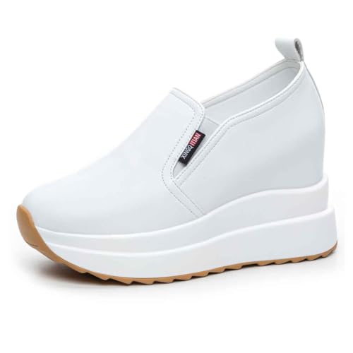 VEACAM Damen Leder Keil-Sportschuhe mit Fußgewölbestütze Outdoor erhöhte Freizeit-Wanderschuhe rutschfeste Slip-On-Turnschuhe,Weiß,38 EU von VEACAM