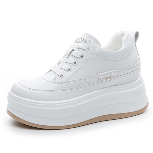 VEACAM Damen Plateau Mode Turnschuhe Klassisches Leder Keil Freizeitschuhe Low Top Erhöhung Wanderschuhe,Weiß,34 EU von VEACAM