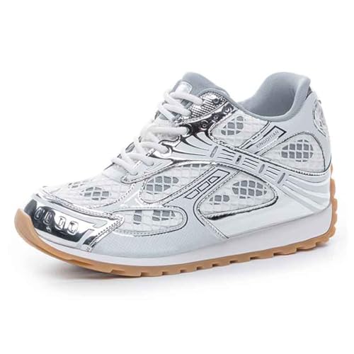 VEACAM Damen Plateau Sneakers Mit Hohem Versteckten Absatz Leder Keilabsatz Wanderschuhe Canvas Atmungsaktive Mode Schnürschuhe,Silver a,37 EU von VEACAM