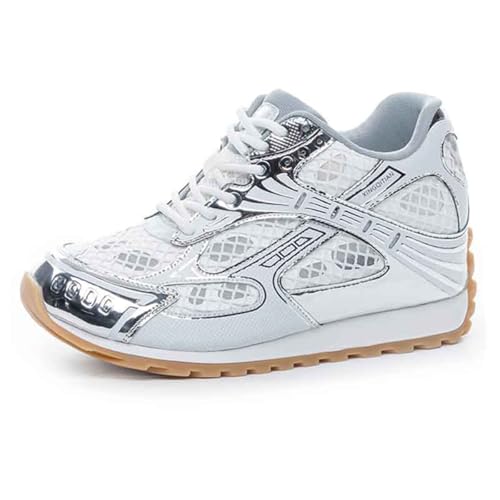 VEACAM Damen Plateau Sneakers Mit Hohem Versteckten Absatz Leder Keilabsatz Wanderschuhe Canvas Atmungsaktive Mode Schnürschuhe,Silver b,35 EU von VEACAM