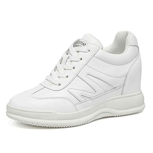 VEACAM Damen Plattform Sneakers Mit Hohem, Verstecktem Absatz Aus Leder, Modische Schnürschuhe, 2,75 Zoll Größer.,Schwarz,39 EU von VEACAM