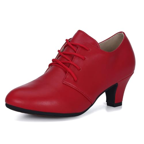 VEACAM Damen Schnürung Standardtanzschuhe Niedrige Absätze Tanz Pumps Anfänger Salsa Latin Geschlossene Zehen Charakter Schuhe,Rot,42 EU von VEACAM