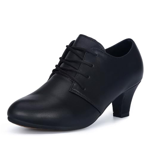 VEACAM Damen Schnürung Standardtanzschuhe Niedrige Absätze Tanz Pumps Anfänger Salsa Latin Geschlossene Zehen Charakter Schuhe,Schwarz,39 EU von VEACAM