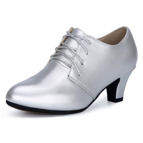 VEACAM Damen Schnürung Standardtanzschuhe Niedrige Absätze Tanz Pumps Anfänger Salsa Latin Geschlossene Zehen Charakter Schuhe,Silber,38 EU von VEACAM