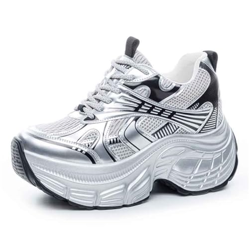 VEACAM Damenmode Versteckte Keile Turnschuhe Leichte High Top Schnürplattform Erhöhen Schuhe Für Damen Mädchen,Silber,38 EU von VEACAM