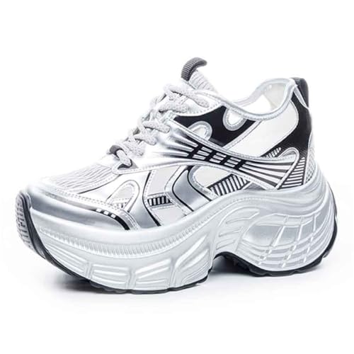 VEACAM Frauen Mädchen Plattform Keil Turnschuhe 3 Zoll Höhe Boost Versteckte Fersenhöhe Erhöhung Walking Fashion Schuhe,Silver 1,39 EU von VEACAM