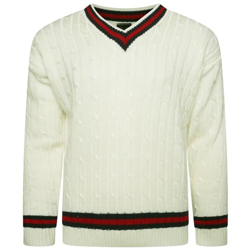 VEARZ® Unisex Herren Damen Cricket-Pullover mit V-Ausschnitt, lange Ärmel, gestreift, Zopfmuster, Golfpullover, Sportbekleidung, Pullover, Sweatshirt, Jersey-Oberteil, Übergröße, S-4XL, cremefarben, S von VEARZ
