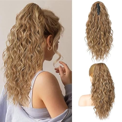 VEBONNY 20 Inch Blonde Clip-In Ponytail for Women - Wavy Heat Resistant Synthetic Hairpiece, Voluminous Natural Look with Secure Butterfly Clips, Long-Lasting Style for Cosplay von VEBONNY