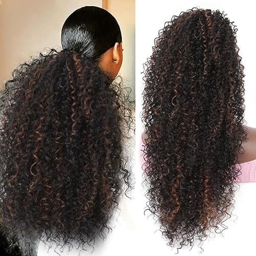 VEBONNY 24 Inch Clip-in Ponytail Extension with Black & Brown Highlights – Loose Curly Wavy Synthetic Hair for Women, Heat Resistant & Natural Look von VEBONNY