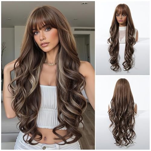 VEBONNY Brown with Highlights Wavy Synthetic Wig – Dimensional Hair Wigs for Women, Vacations, Beach Outings & Summer Styles von VEBONNY