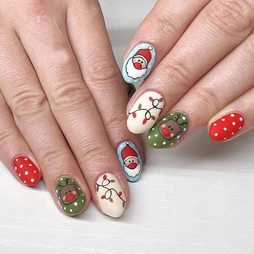 VEBONNY Christmas Style Santa Illuminations Decorate Full Cover Acrylic Press on nail,Red Green Spot Reindeer Short Almond Nail Kits Art VEBONNY ST266 von VEBONNY