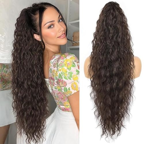 VEBONNY Dark Brown Loose Curly Ponytails for Women, Synthetic Hair Long Ponytail Extension with Drawstring, Realistic Looking Wavy Pony Tail for Ladies, Daily Use Hairpiece 22 inches von VEBONNY