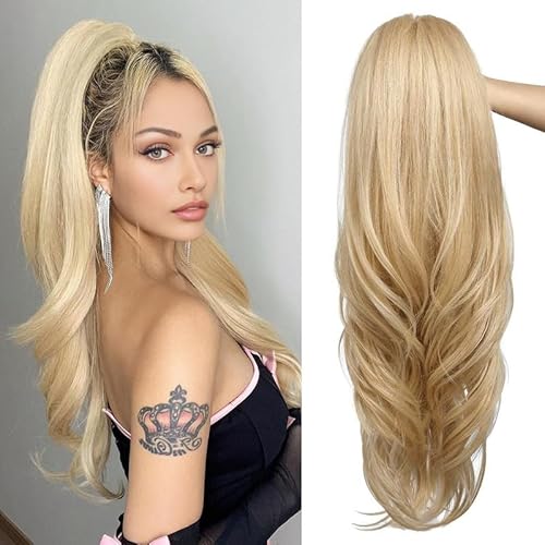VEBONNY Drawstring Ponytail Extension, Natural Long Wavy Layered Synthetic Pony Tails Light Blonde Hair Extensions Hairpieces for Women, 20 inches von VEBONNY