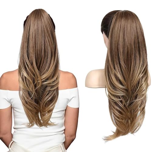VEBONNY Drawstring Ponytail Extension, Natural Long Wavy Layered Synthetic Pony Tails Ombre Brown Hair Extensions Hairpieces for Women, 20 inches von VEBONNY