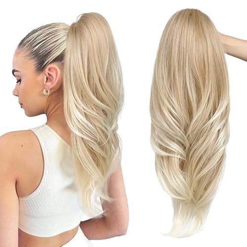 VEBONNY Drawstring Ponytail Extension, Natural Long Wavy Layered Synthetic Pony Tails Ombre White Blonde Hair Extensions Hairpieces for Women, 20 inches von VEBONNY