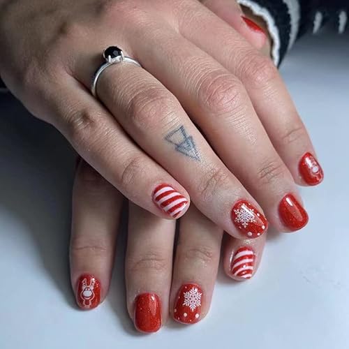 VEBONNY Glittered Red Short Nails with Rudolp,Red and White Stripes Press on False Nail,Snowflake Painting Simple Classy Nails for Christmas ST261 von VEBONNY