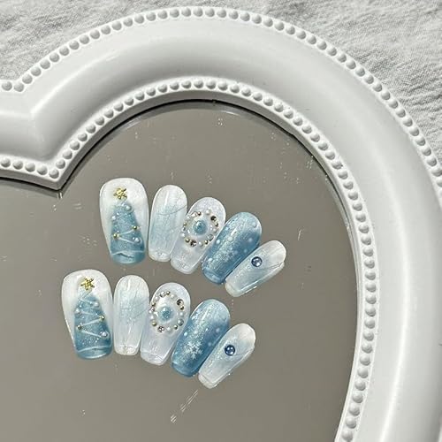 VEBONNY Hand Drawn Christmas Tree with Blue Snowflakes Press on Nail,Autumn and Winter Styles Vague Dying Rhinestone Atmosphere False Nail,10pcs Purely Handmade Customized Size DZ19-L von VEBONNY