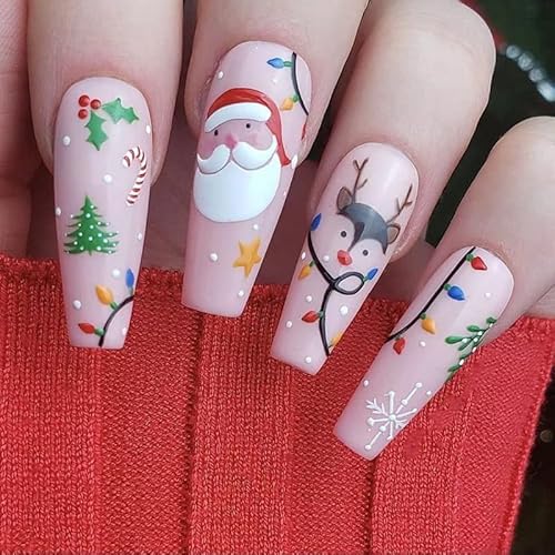 VEBONNY Nude Pink Christman Festival Long Coffin Nails,Christmas Tree Santa Reindeer Illuminations Decorate Full Cover Acrylic Press on nail VEBONNY ST264 von VEBONNY