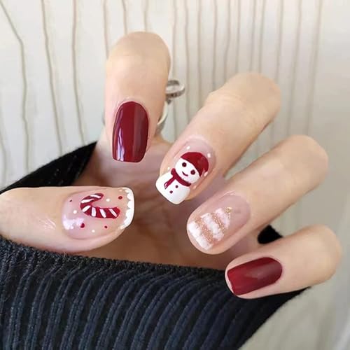 VEBONNY Nude Pink Christmas Tree and Candy Cane Design Short Square Fake Nails,Snowman Painting Ruby Red Amber Stick on Fake Nail Kits ST182 von VEBONNY